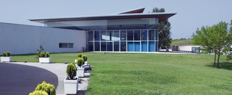 Modern architectural building with horizontal lines and large windows on a manicured lawn with potted plants in foreground