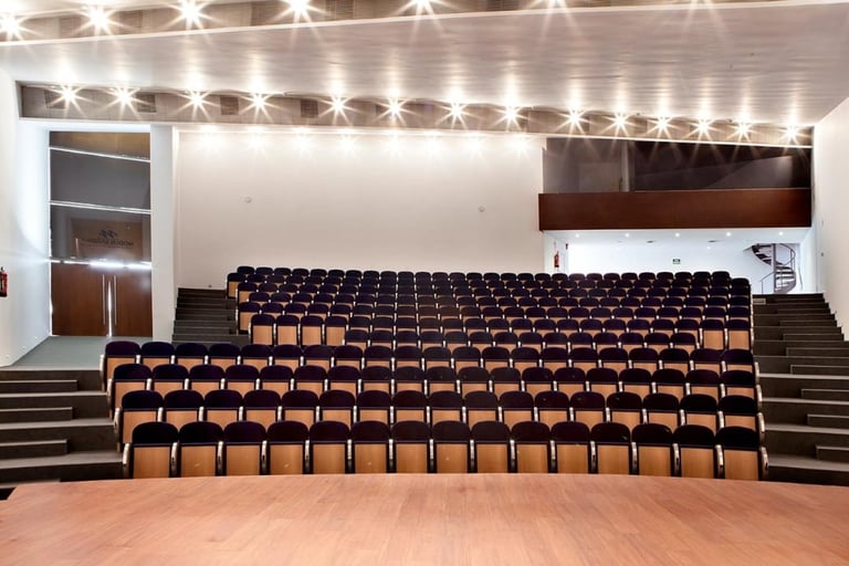 Empty movie theater auditorium with rows of black and orange seats, stage floor, and recessed ceiling lights.